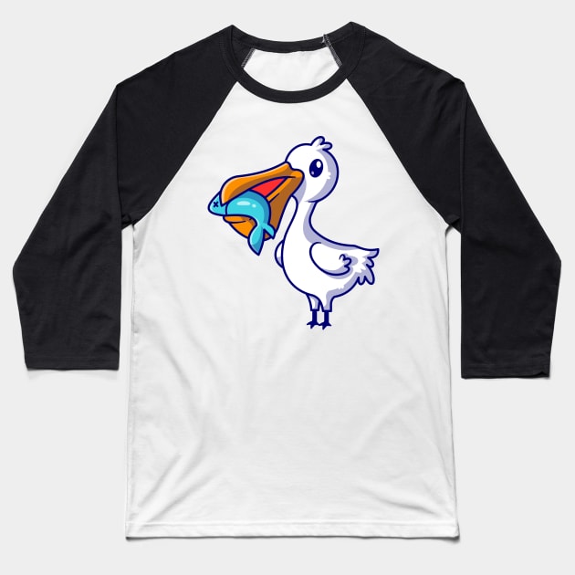 Cute Pelican Eat Fish Cartoon Baseball T-Shirt by Catalyst Labs